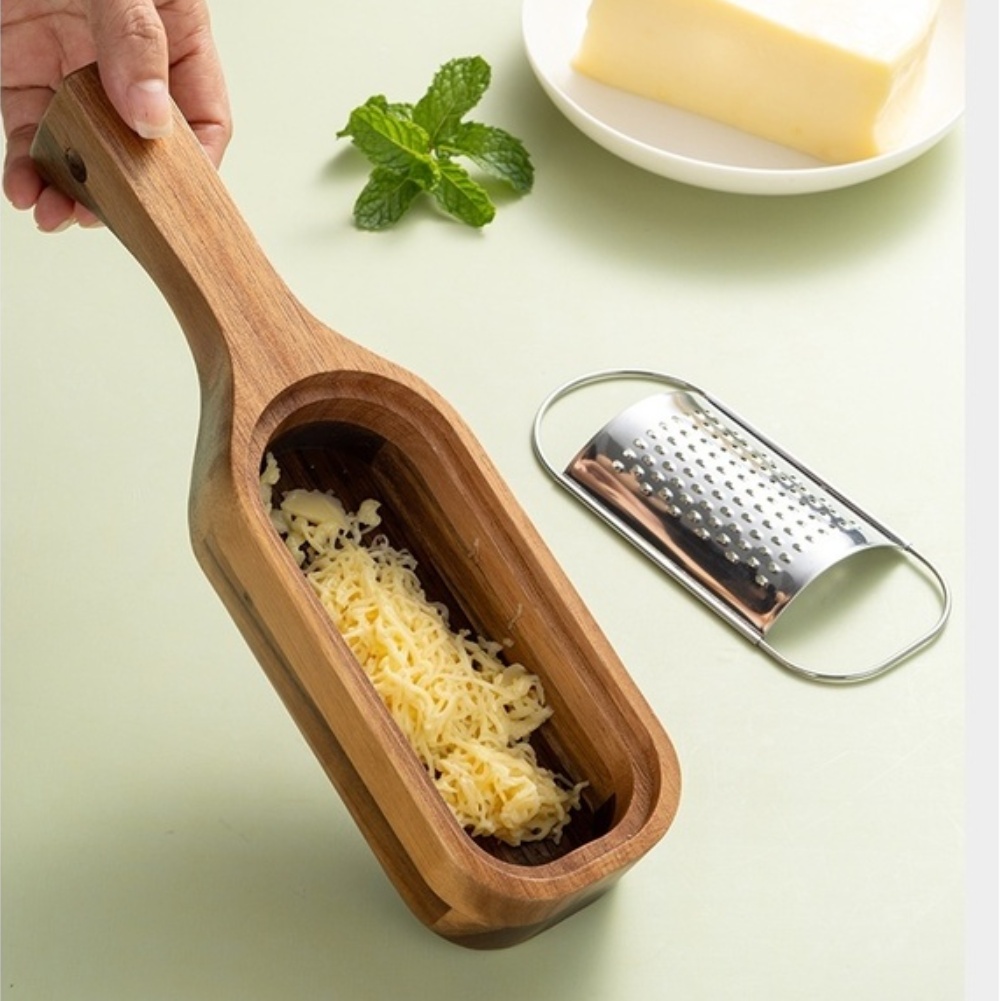 Cheese Grater Box - ที่ขูดชีสสแตนเลสพร้อมด้ามไม้, ที่ขูดมะนาวและที่ขูดทรัฟเฟิลแบบถอดได้พร้อมกล่องเก็บของ, อุปกรณ์ครัวขนาด 25 ซม.