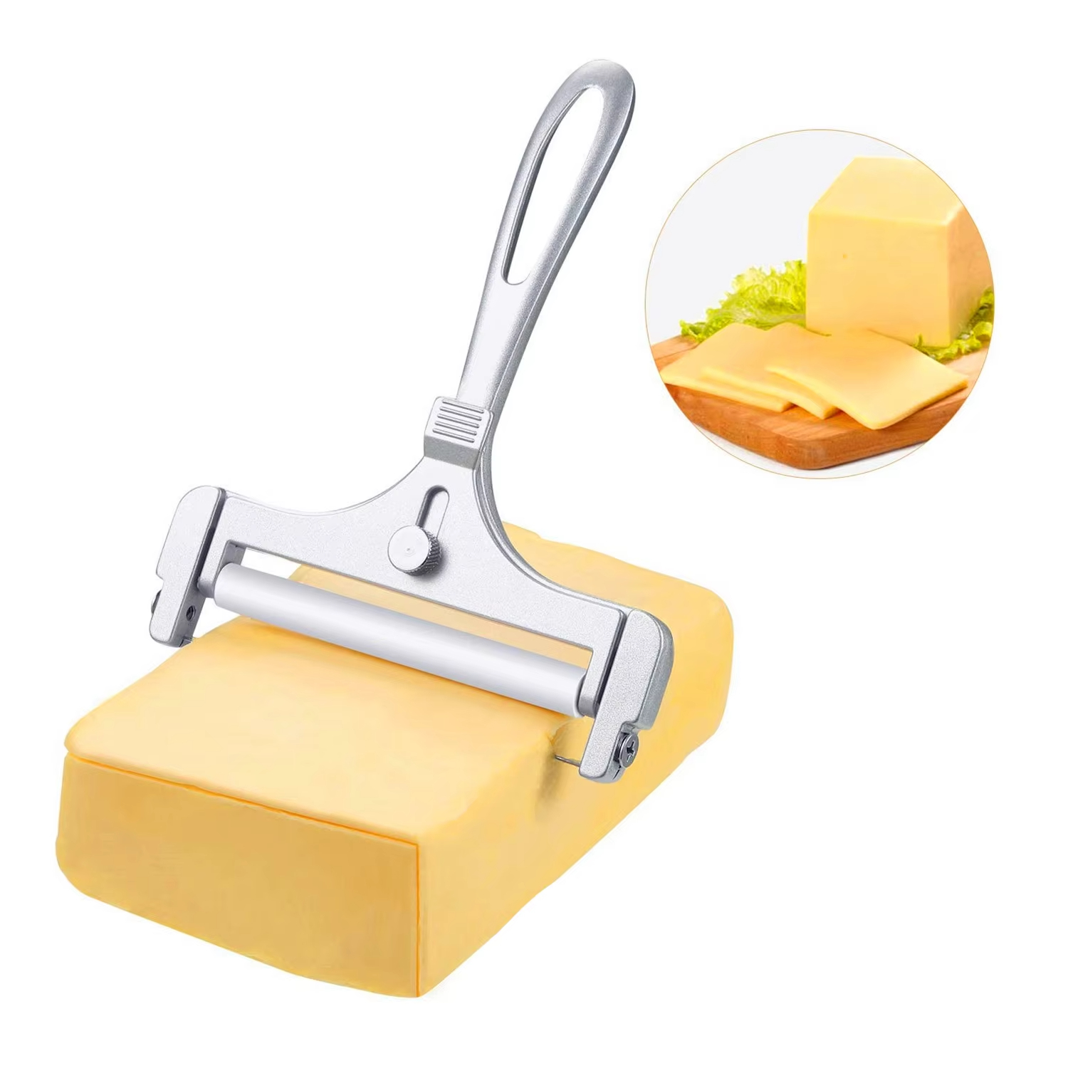 Kitchen Gadgets Wirecutter - อลูมิเนียมอัลลอยด์เครื่องตัดชีสพร้อมลวดปรับความหนาเครื่องตัดเนยชีสสําหรับอุปกรณ์ครัวชีสนุ่มและกึ่งแข็ง