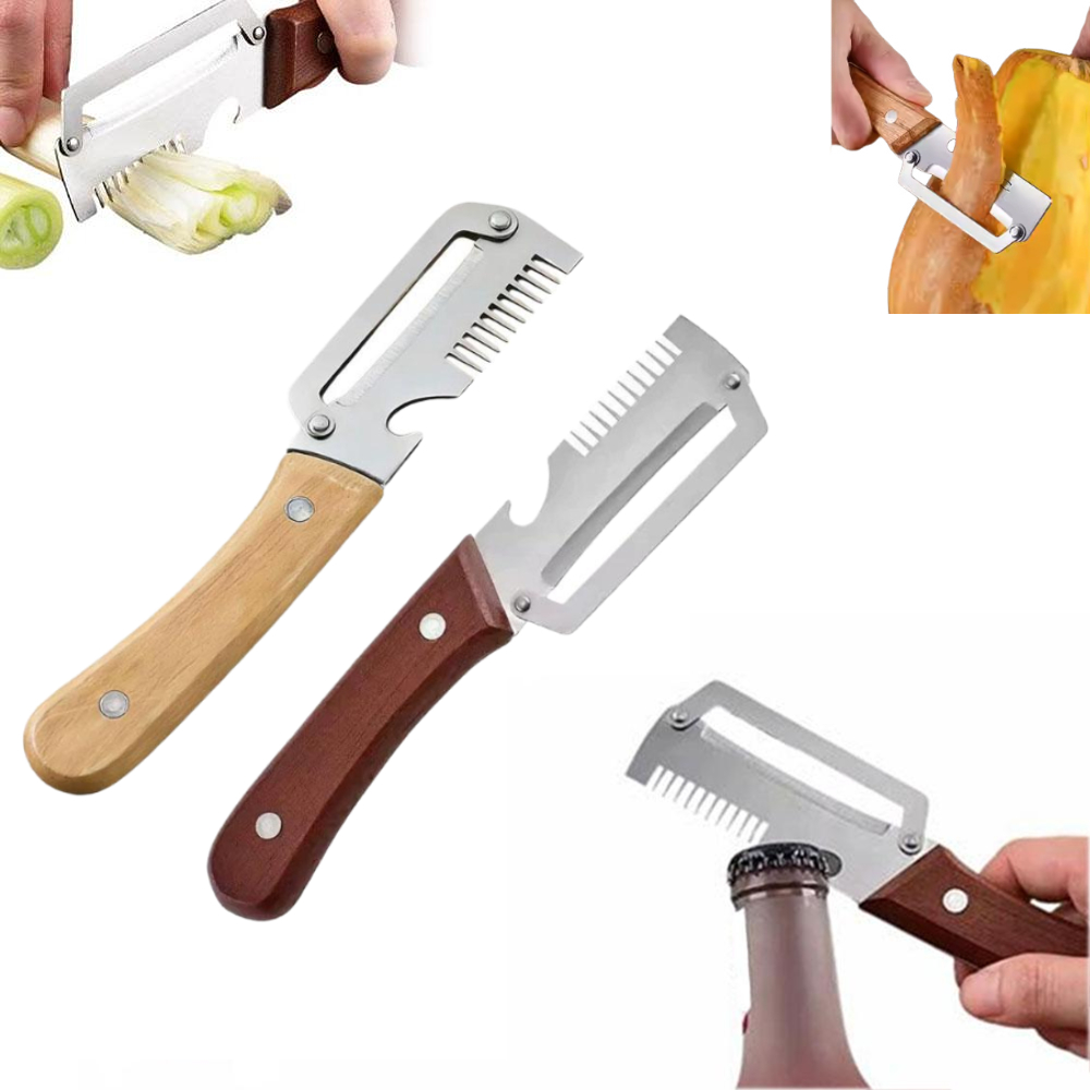 Kitchen Gadgets Peeler - เครื่องปอกเปลือกสแตนเลสพร้อมมีดหยักและด้ามไม้, เครื่องหั่นผักผลไม้, ที่เปิดขวด, อุปกรณ์ครัว