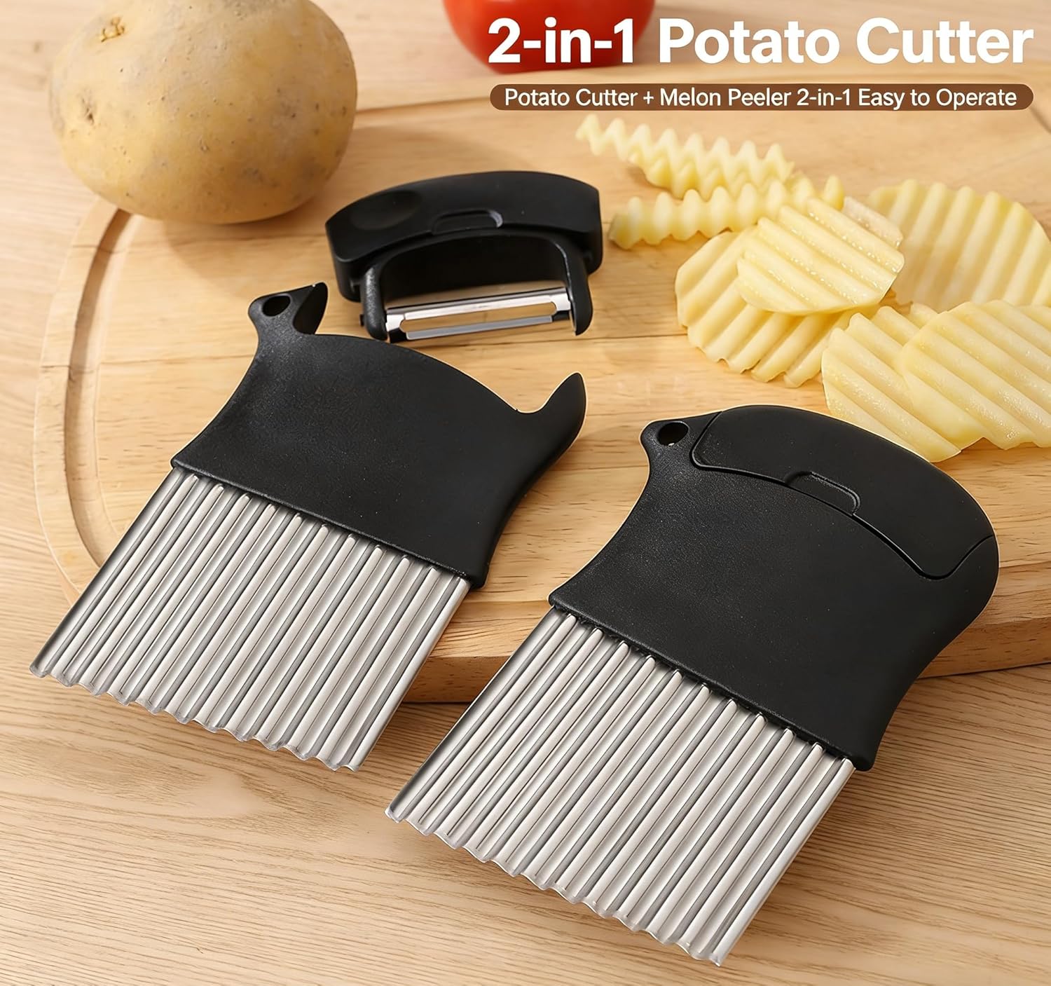 Kitchen Gadgets Built In - เครื่องตัดมันฝรั่ง 2-in-1, เครื่องตัดแบบหยักทำจากสแตนเลส 430 ทนทาน พร้อมที่ปอกในตัว,