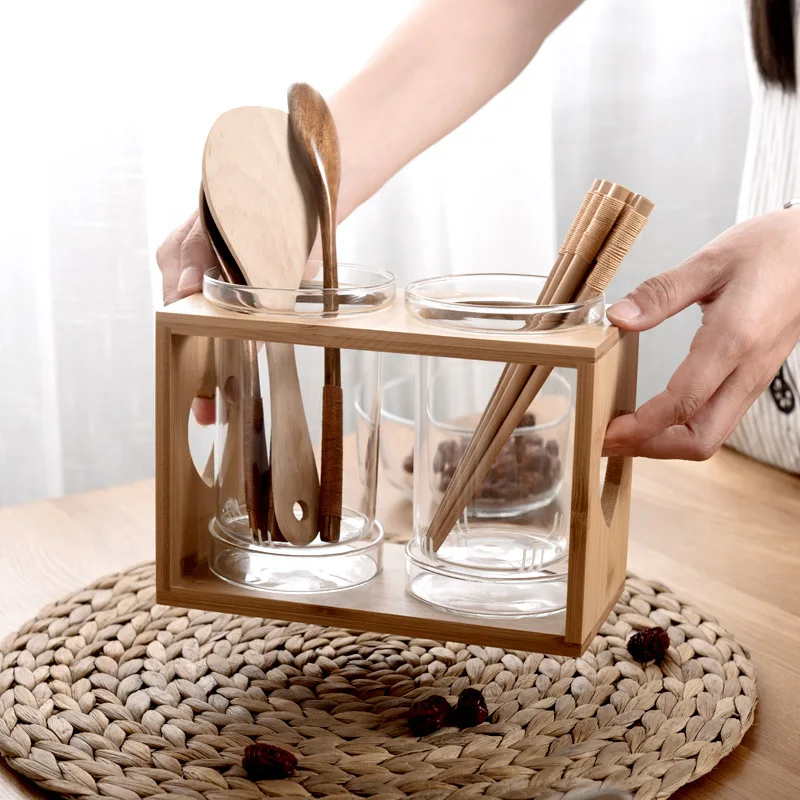 Kitchen Gadgets In Japan - กล่องเก็บอุปกรณ์ครัวแก้วพร้อมชั้นวางไม้ไผ่ ที่เก็บช้อนส้อม มีด และอุปกรณ์ครัวอื่นๆ