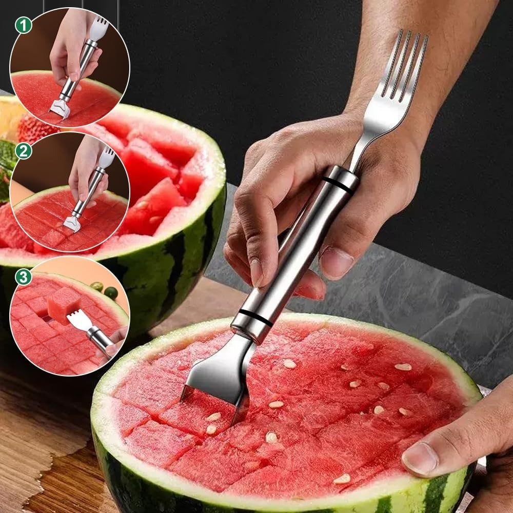 Kitchen Gadgets Home Party - ที่ตัดผลไม้สแตนเลส 2-in-1 พร้อมส้อมตัดแตงโม อุปกรณ์ตัดแตงโมสำหรับงานปาร์ตี้ที่บ้าน แคมป์ปิ้ง อุปกรณ์ครัว