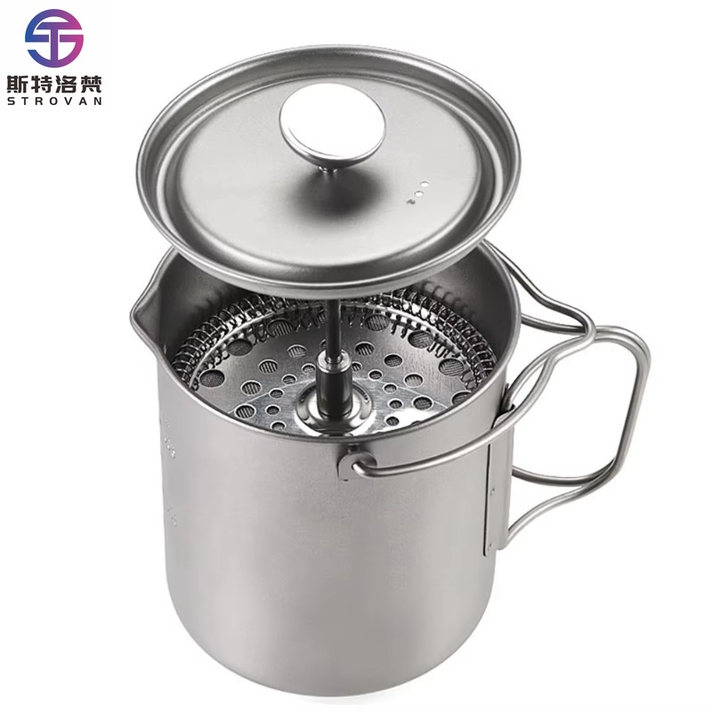 French Press Coffee Maker - แก้วกาแฟเฟรนช์เพรสไทเทเนียมขนาด 750 มล. พร้อมฝาปิด แก้วกาแฟแบบพกพาสำหรับตั้งแคมป์กลางแจ้ง
