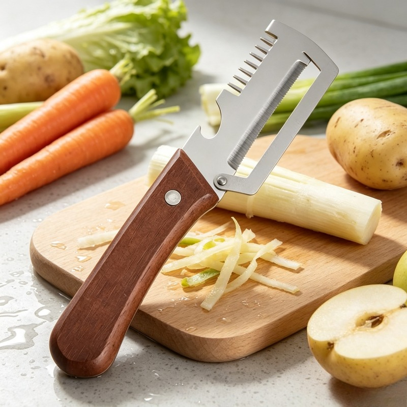 Kitchen Gadgets Built In - ที่ปอกผักแบบ 2-in-1 พร้อมใบมีดหยัก คุณภาพพรีเมียม ด้ามจับไม้ พร้อมที่เปิดขวดในตัว